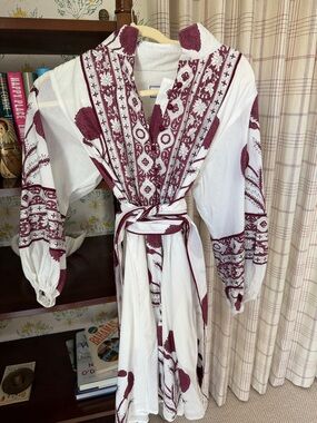 Sue Sartor White Midi Dress with Plum/Burgundy Floral Embroidery and Tie Waist.